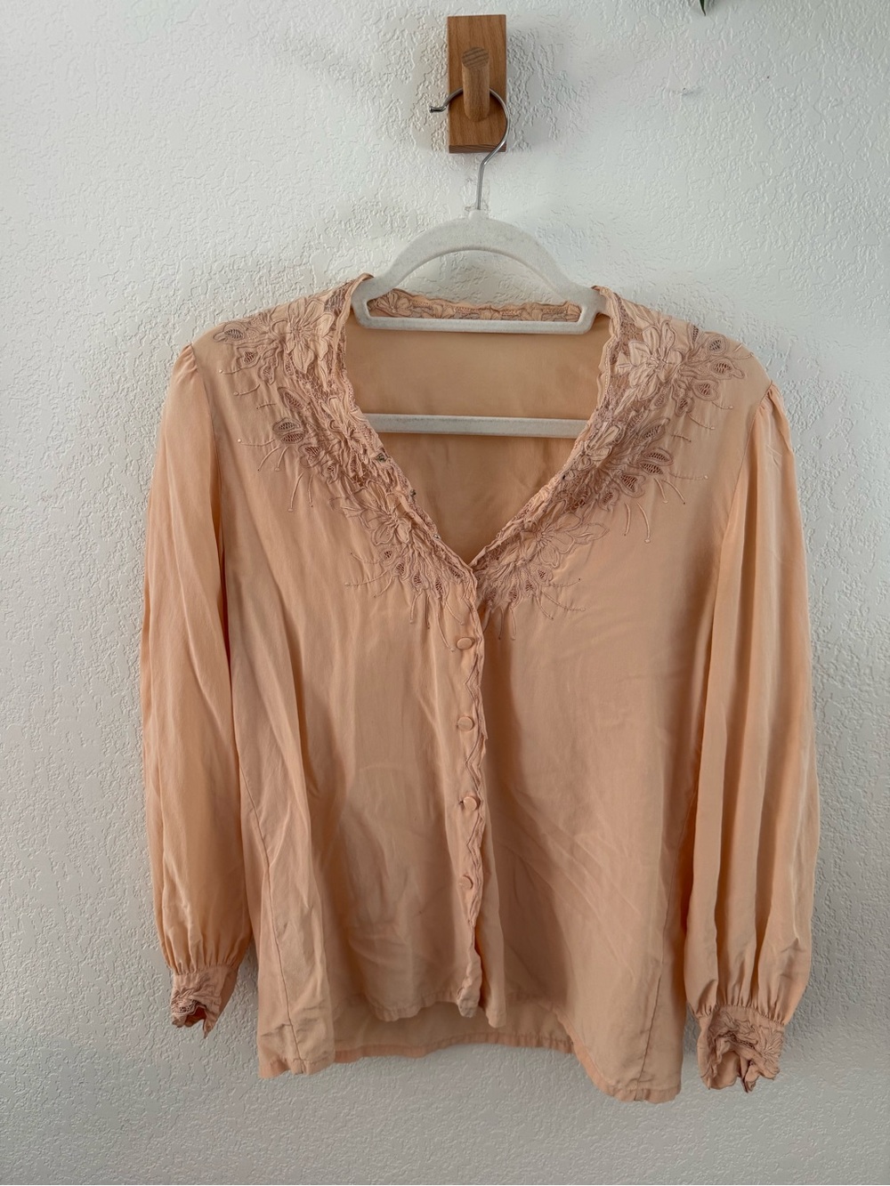 Vintage Women's Peach Embroidered V-Neck Blouse